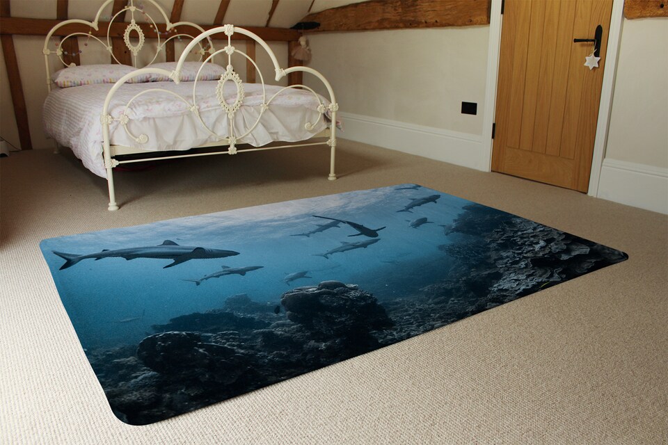 image 1 of Schooling Grey Reef Sharks, Ningaloo Reef, Western Australia Designer Rug | Multi