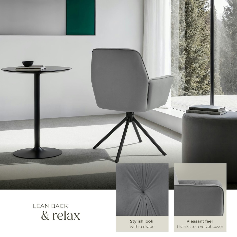 image 1 of Swivel Chair Lenia - upholstered, padded, 56.5 x 54 x 86 cm - Set of 2 Grey | Velvet Look Anthracite/Black
