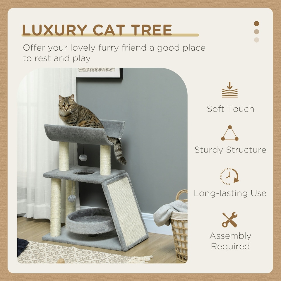 image 1 of PawHut Cat Tree Kitten Tower with Scratching Post Bed Perch Toy, Light Grey