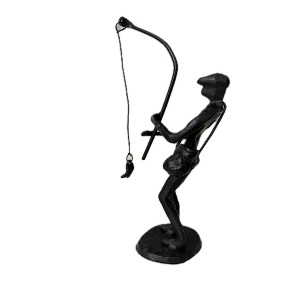 image 1 of Metal Sculpture off a Man with a Fishing Rod Reeling in his Catch Rustic Figurine Hobby Gift Sweet Memories Grandfather Father Son Vintage Decor Gift Present