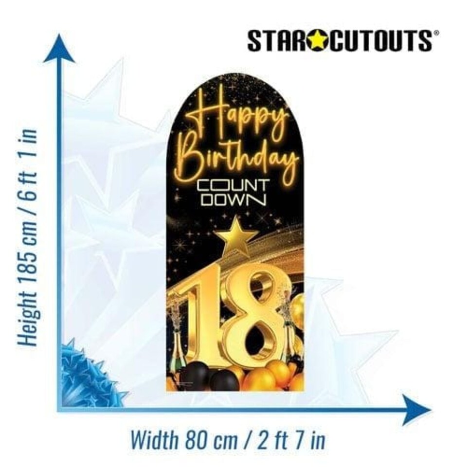 image 1 of Happy Birthday Black Gold Countdown 18th Birthday Single Backdrop Cardboard Cutout 185cm