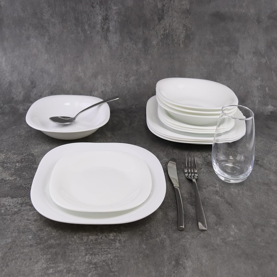 image 1 of White Opal Glass Dinner Set Plates Soup Bowls Dinnerware | White | Hudson Square - 12 Pcs | 12