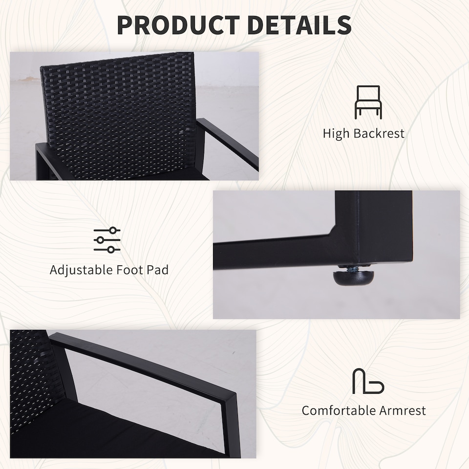 image 1 of Outsunny 3 Pieces Rattan Bistro Set, Wicker Garden Furniture Set with Glass Top Coffee Table and Chairs, Washable Cushions, for Outdoor, Patio, Balcony, Black