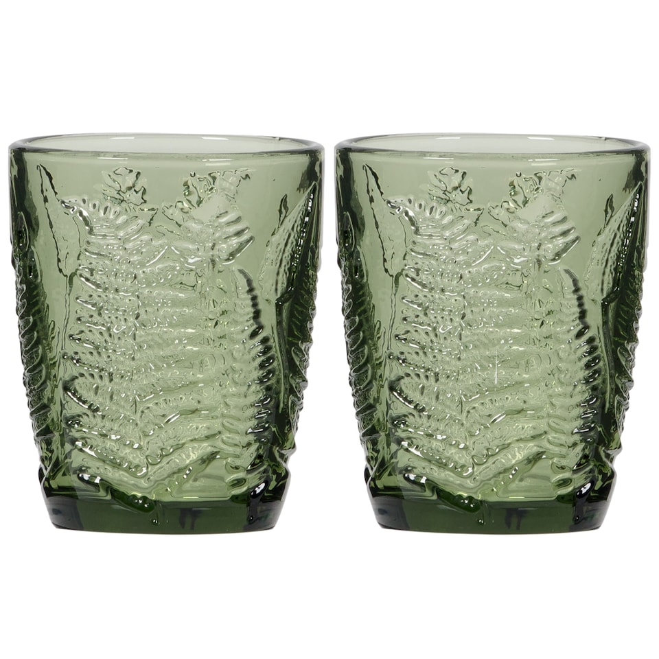 image 1 of Set of 2 Vintage Luxury Green Leaf Embossed Drinking Glass Tumblers 260ml