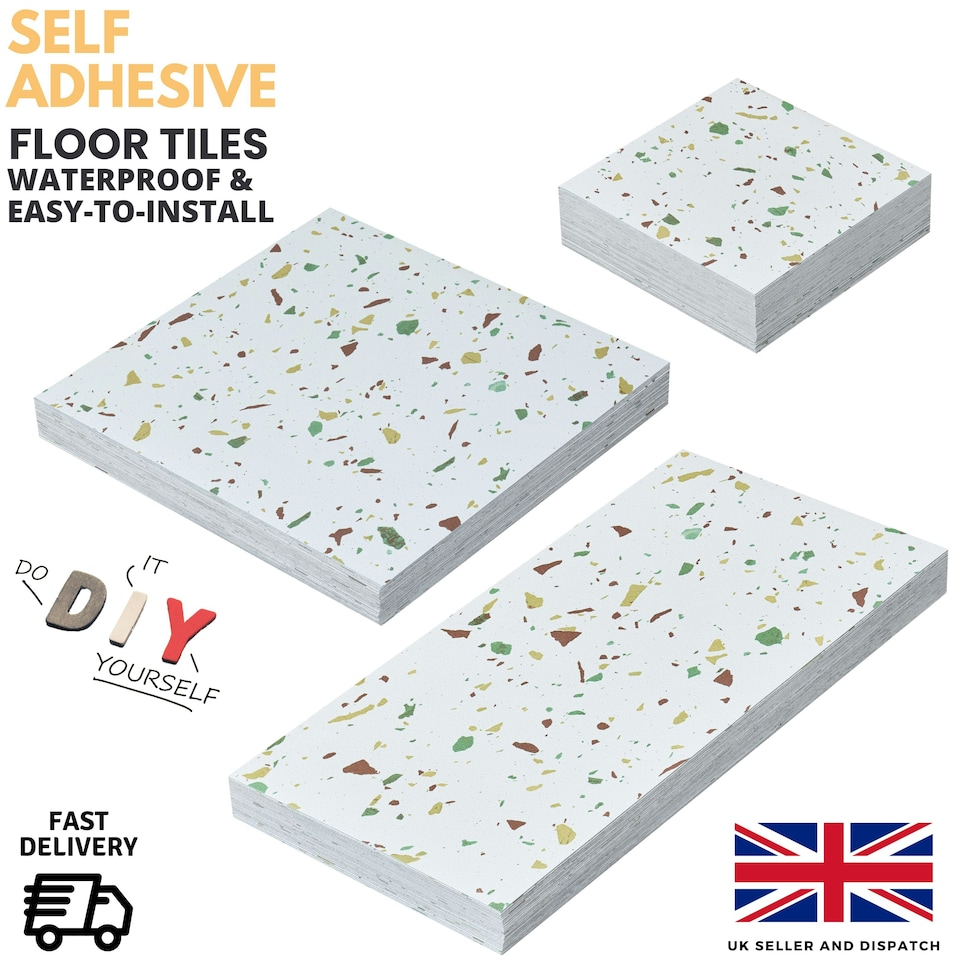 image 1 of NOVECRAFTO Vinyl Floor Tiles Self Adhesive – 18x18in Peel and Stick Large Square Flooring for Kitchen, Bathroom & Living Room – White Grey Terrazzo Effect White | 4.18 sqm