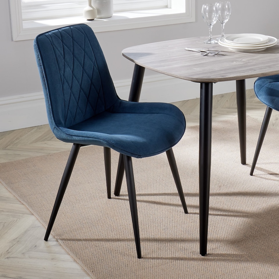 image 1 of Pair of Aspen Cord Fabric Diamond Stitch Dining Chairs with Curved Seat and Black Tapered Metal Legs | Blue | Blue | 1