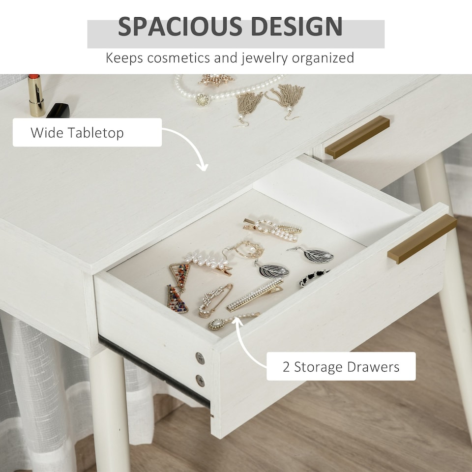 image 1 of HOMCOM Modern Dressing Table w/ 2 Drawers Round Mirror for Bedroom White
