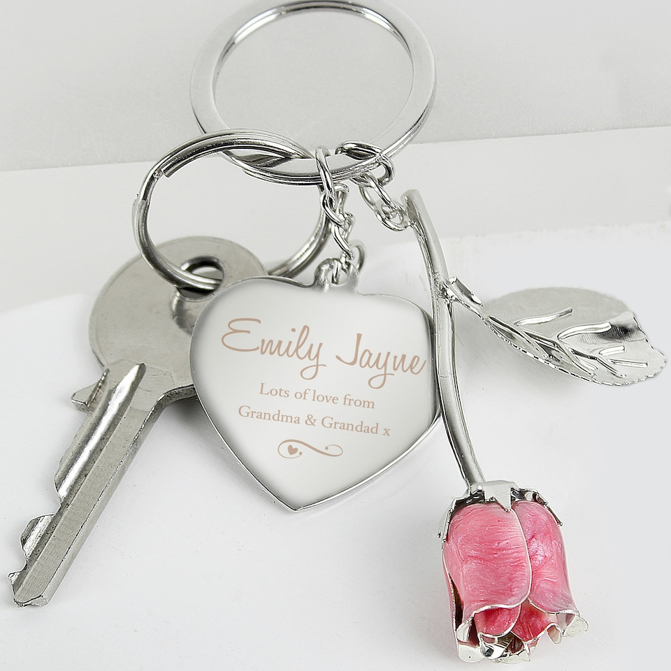 image 1 of Personalised Silver Plated Swirls & Hearts Pink Rose Keyring