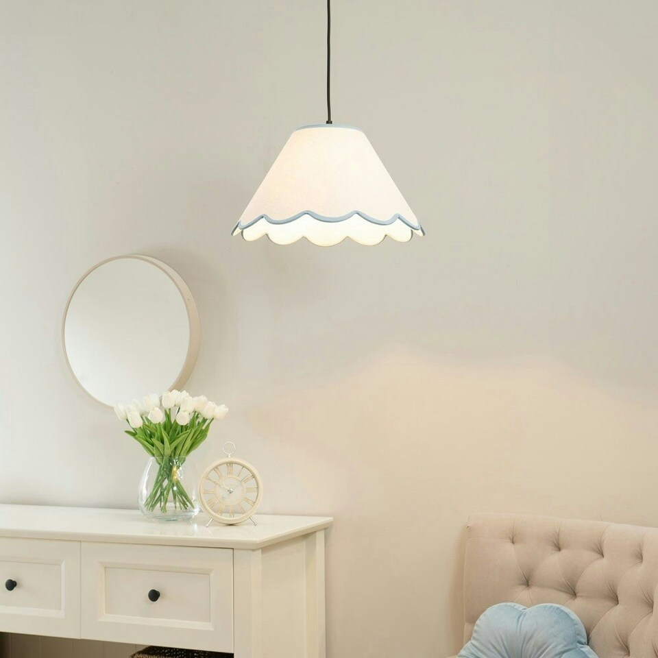 image 1 of ValueLights Florie Natural Linen Small Tapered Lamp Shade with Scallop Blue Trim