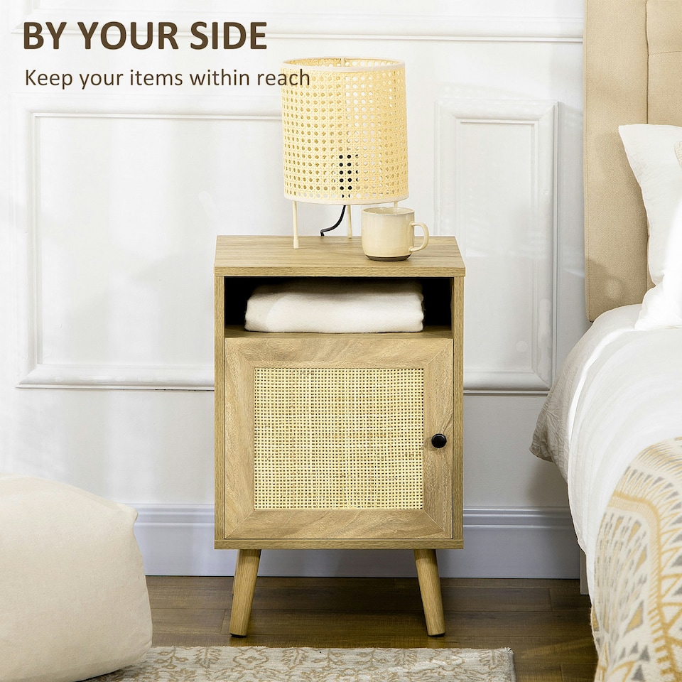 image 1 of HOMCOM Nightstand, Rattan Bedside Table w/ Cabinet, Shelf, Natural