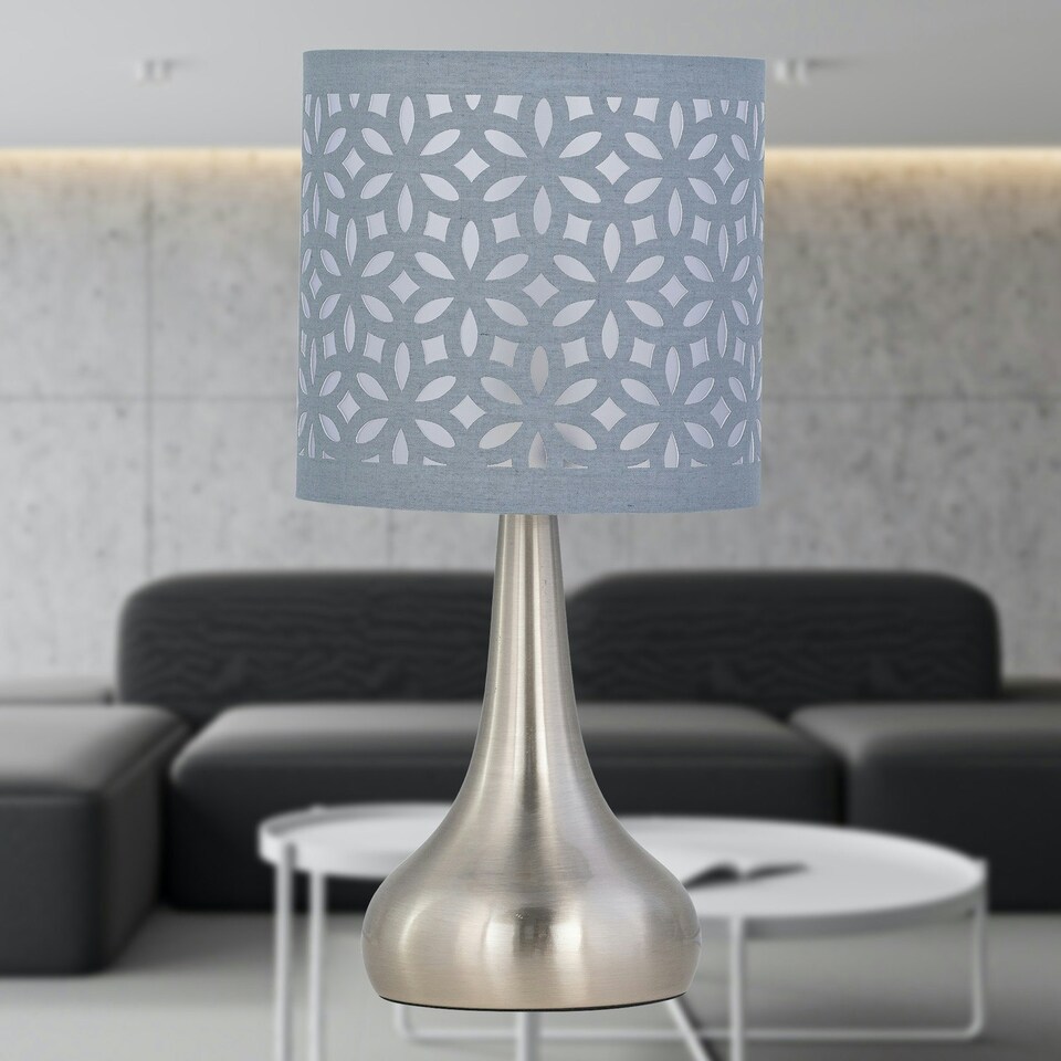 image 1 of Set of 2 Romana - Brushed Chrome Touch Operated Table Lamps Bedside Lights Grey Laser Cut Shade Silver | Grey