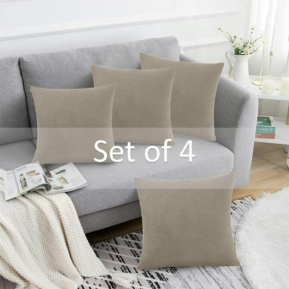 image 1 of Plain Chenille Velvet 45cm x 45cm Taupe Cushion Set of 4 | Cream | 45cm x 45cm x 10cm | 4