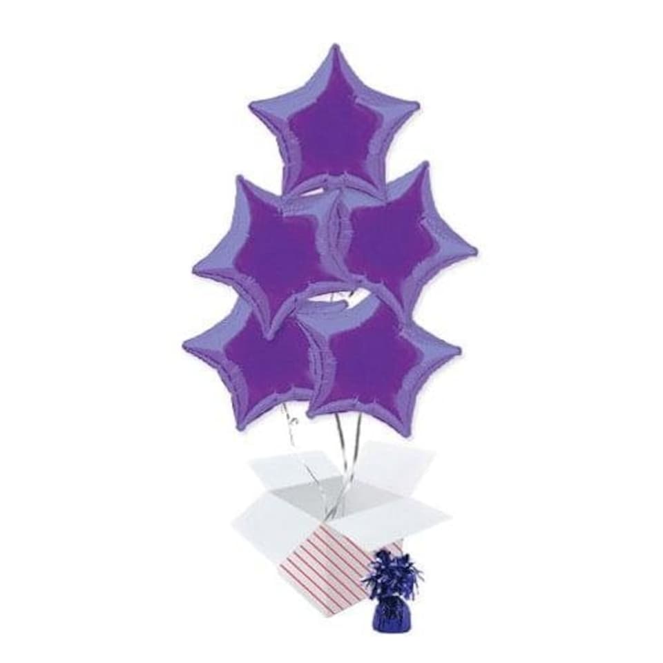 Purple Star Foil Helium Balloon Bouquet - 5 Inflated Balloons In A Box