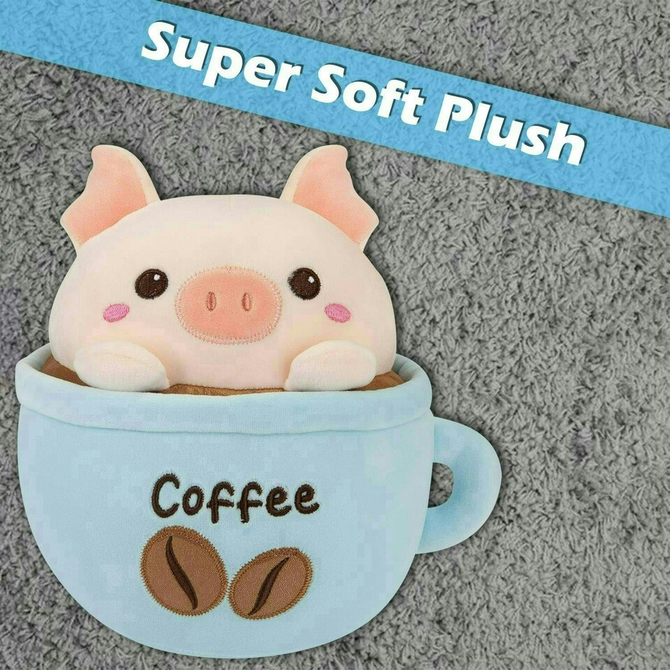 image 1 of Pig Coffee Cup Soft Toy Cute Plushie Huggable Cuddly Stuffed Toy 20cm Blue