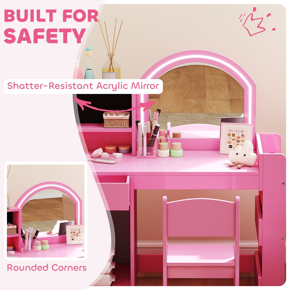 image 1 of AIYAPLAY Kids Vanity Table and Chair Set, Girls Dressing Table with 2-Colour LED Mirror, Stool, Cabinet, Drawer, Bookshelf and Shelves for Ages 3-8 Years | Pink