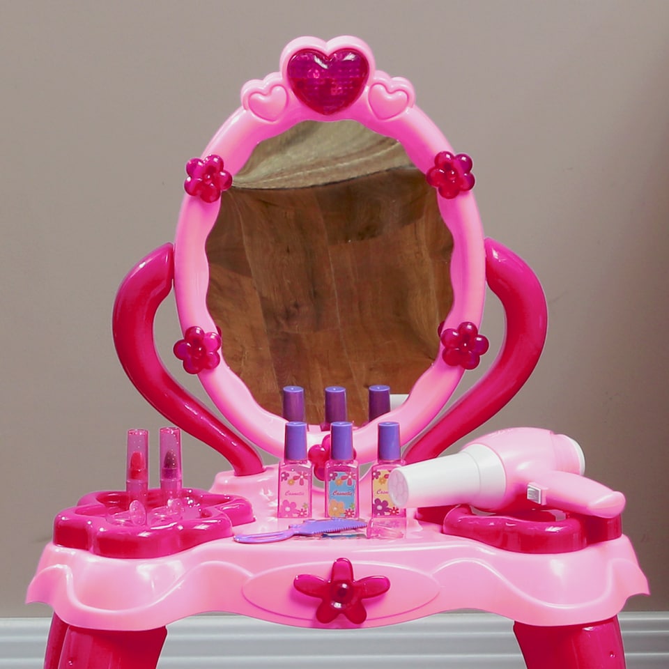 image 1 of AIYAPLAY Kids Dressing Table with Mirror and Stool, Kids Vanity Table Make Up Pretend Play Toys with Light, Music, 15 Accessories, for Ages 3-6 Years, Pink