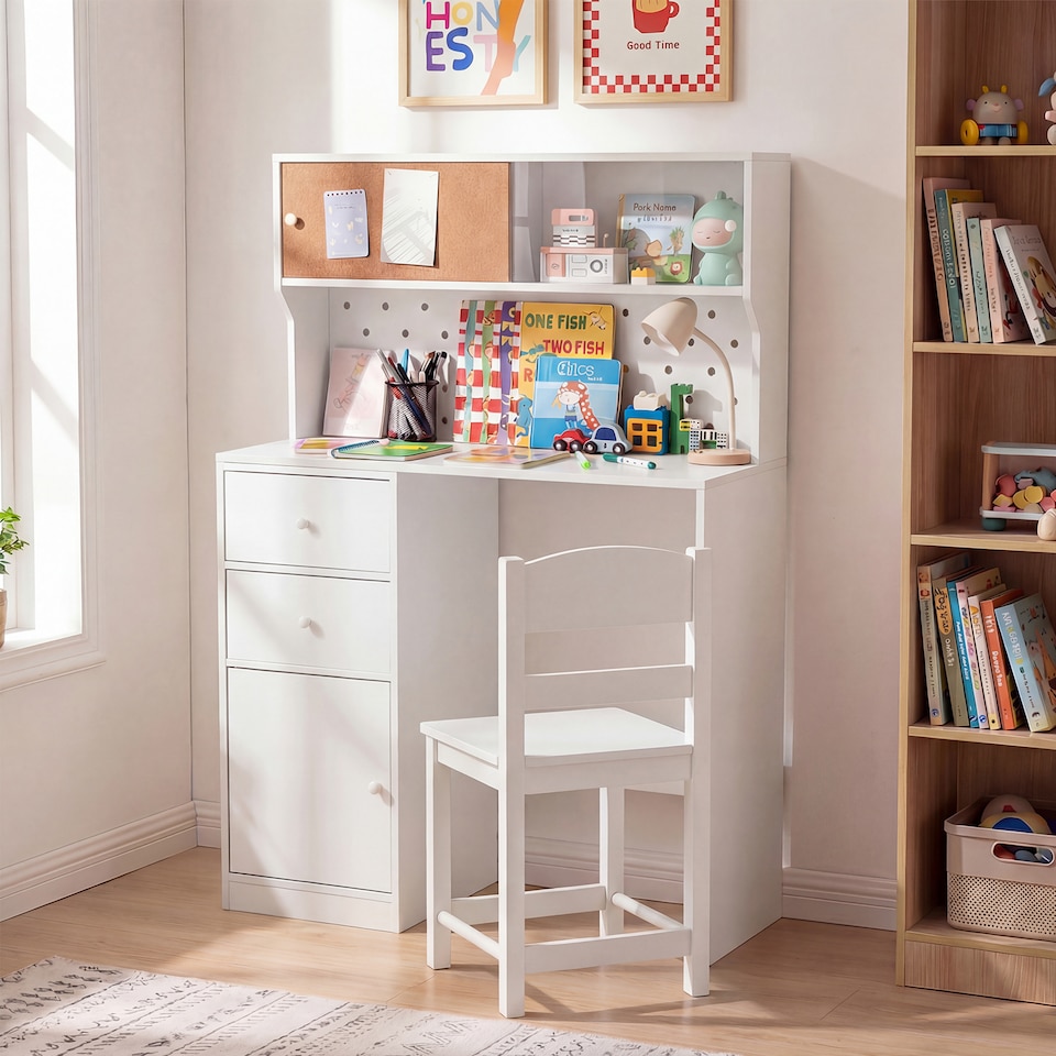 image 1 of COSTWAY Kids Desk and Chair Set Wooden Study Desk with 2 Cabinets