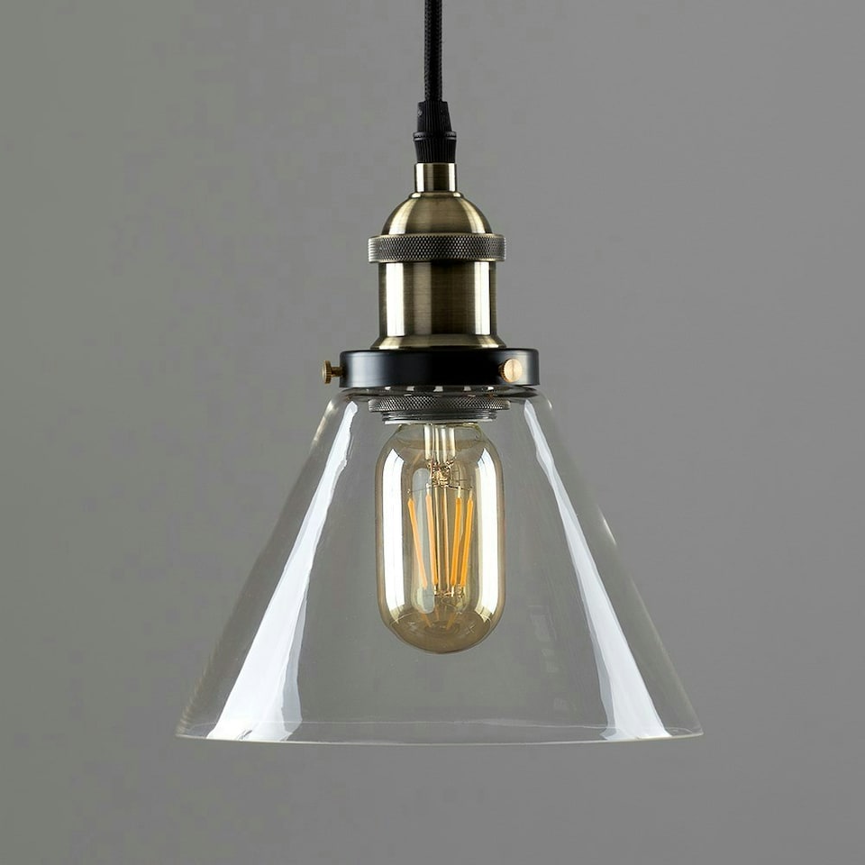 image 1 of ValueLights Norton Glass Smoked Clear Tapered Ceiling Light Pendant and E27 Radio Valve LED 4W Warm White 2700K Bulb
