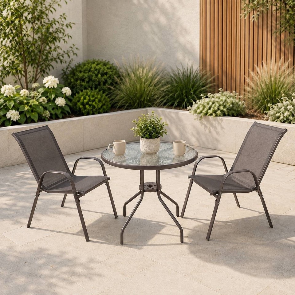 image 1 of 3 Pcs Garden Round Glass Top Table & 2 Chairs Bistro Set