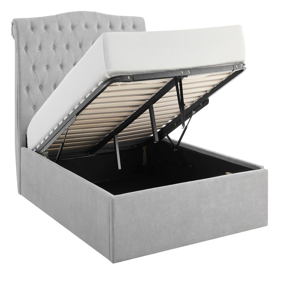 image 1 of 5ft King Size Ottoman gas liftup storage bed frame,fabric upholstered, light grey,buttoned back,curved bed frame,bedstead