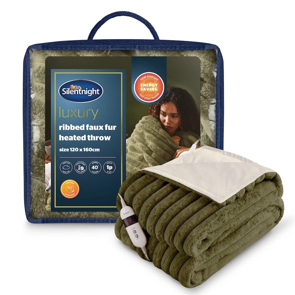 image 1 of Silentnight Luxury Faux Fur Ribbed Heated Throw, Olive | Green | Olive | One Size | 1