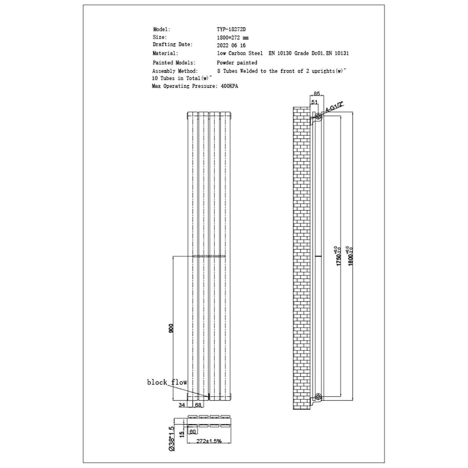 image 1 of Typhoon Axis Horizontal Double Panel Bathroom Radiator - Black (H) 272mm x (W) 1800mm
