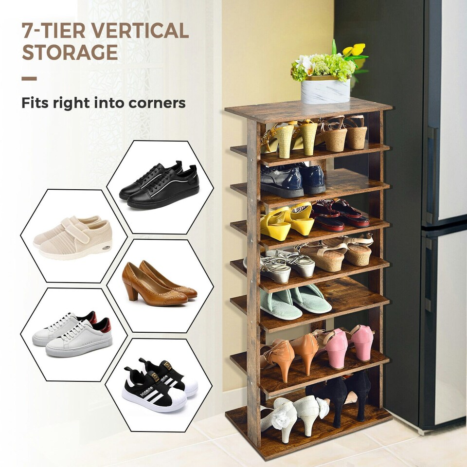 image 1 of COSTWAY 7-tier Double Shoe Storage Tower Rack Stand Brown Brown