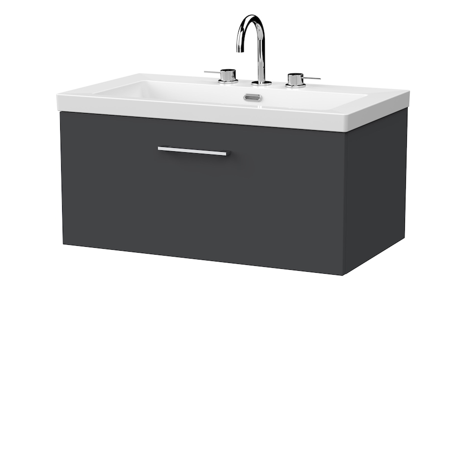image 1 of Balterley Pershall Contemporary Wall Hung 1 Drawer Vanity Unit with 3 Tap Hole Fireclay Basin, 800mm, Dark Grey