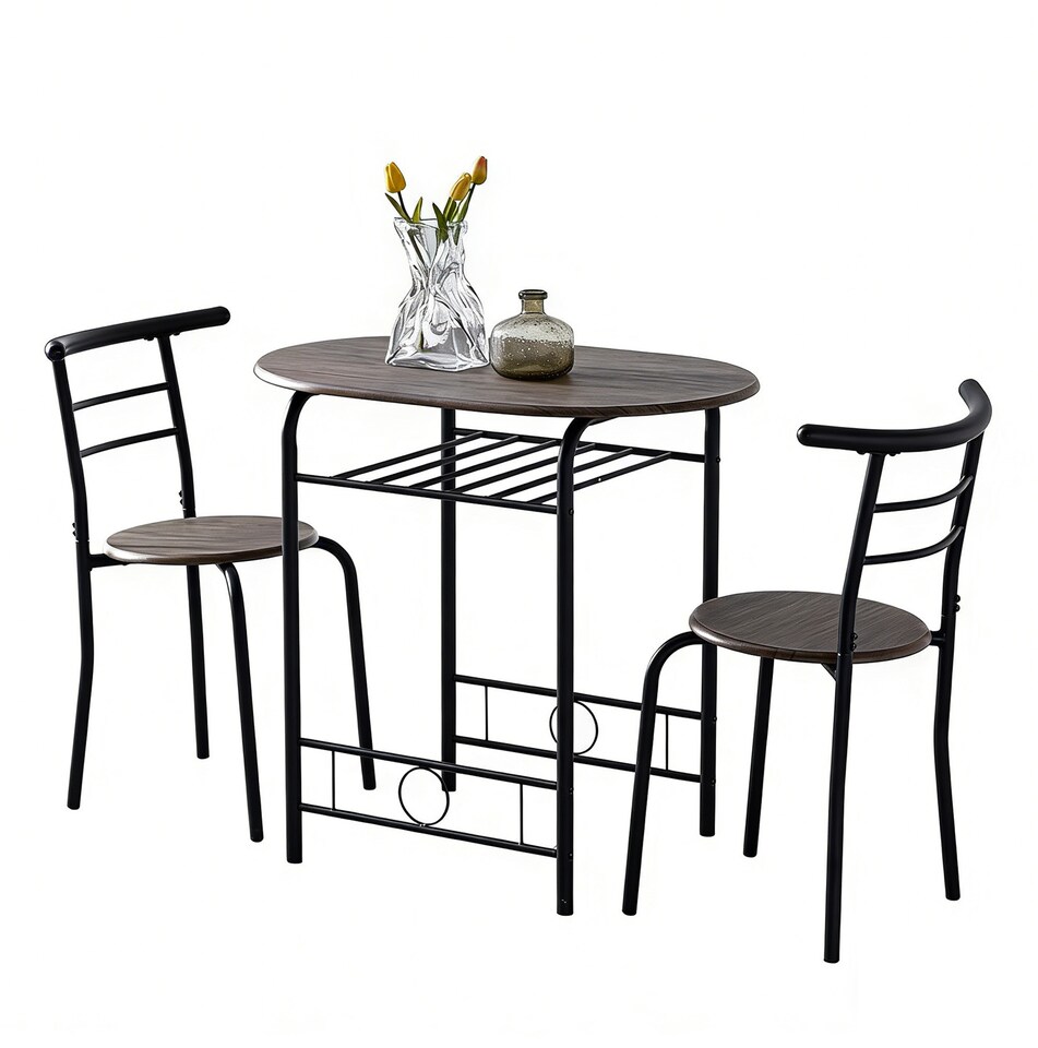 image 1 of Kitchen Breakfast Bar Small Dining Table and 2 chairs Set with Metal frame -Brown