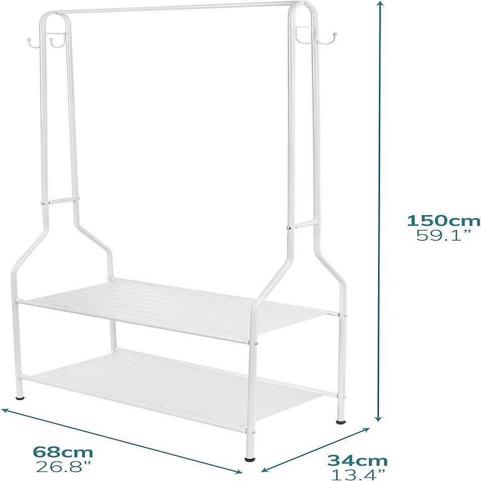 image 1 of House of Home Clothes Rack Steel White Clothing Rail With Two Shelves Hanging Hooks 5ft Height | White