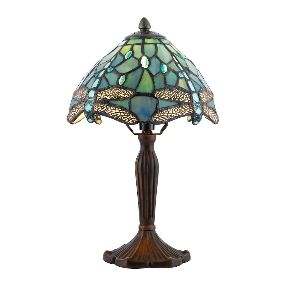 image 1 of Handmade Emerald Green Stained Glass 8 Inch Tiffany Lamp with Dragonfly Design | Green