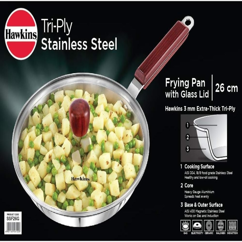 image 1 of Hawkins Triply 3 mm Stainless Steel Frying Pan Glass with Lid