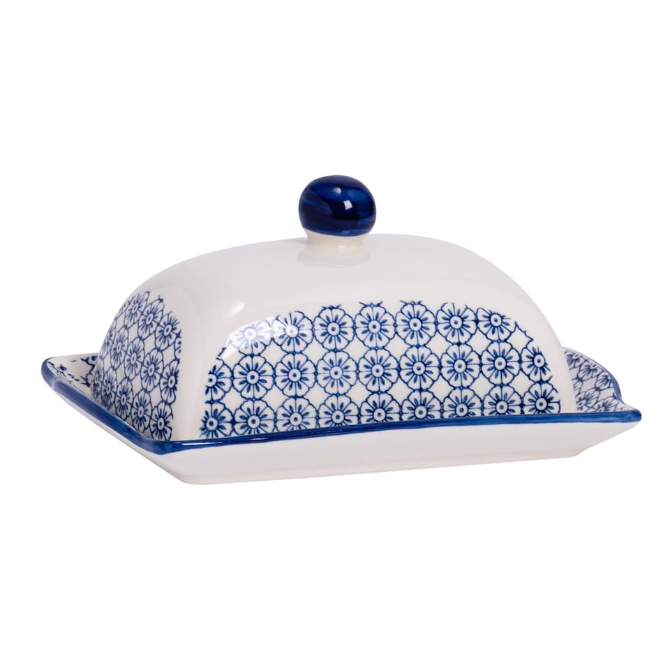 image 1 of Nicola Spring Hand-Printed Butter Dish - 18.5 x 12cm - Navy | Blue | Blue