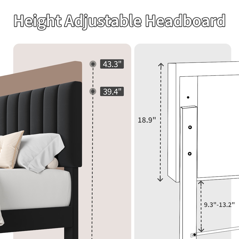 image 1 of London Boutique Double Velvet Upholstered Bed Frame with Adjustable Tufted Headboard - Black