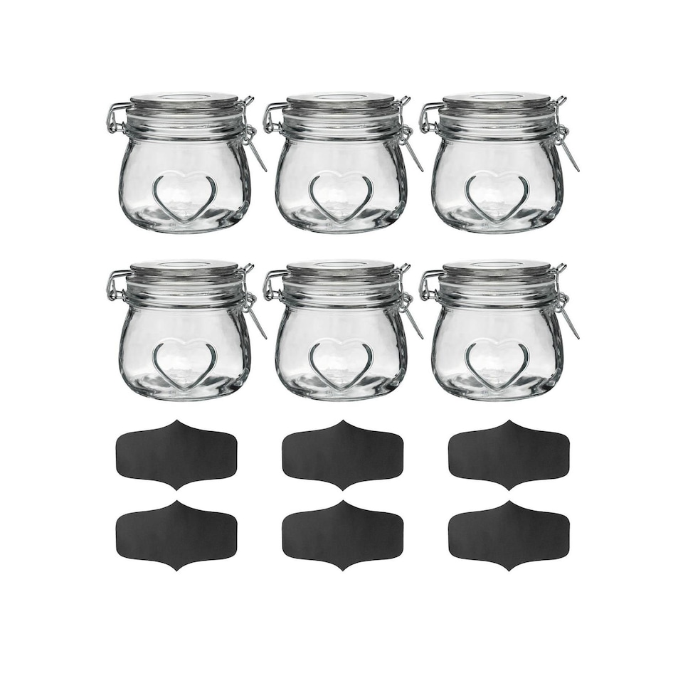image 1 of Nicola Spring 6x Glass Storage Jars & Labels Set - 500ml Airtight Clip Lid Kitchen Round Preserving Container Heart Shaped Design