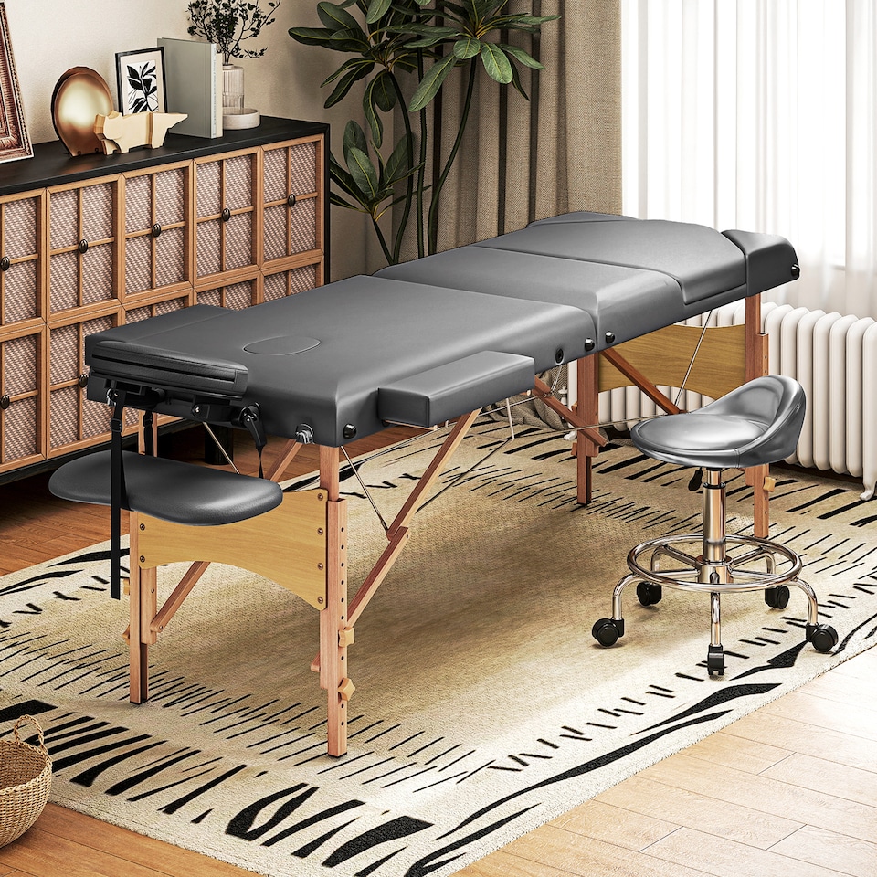 image 1 of HOMCOM Portable Massage Table, 3 Section Adjustable Beauty Bed, Wooden Foldable Massage Bed with Face Cradle, Padded Armrests for Spa, Lash, Tattoo, Grey | Grey | Grey