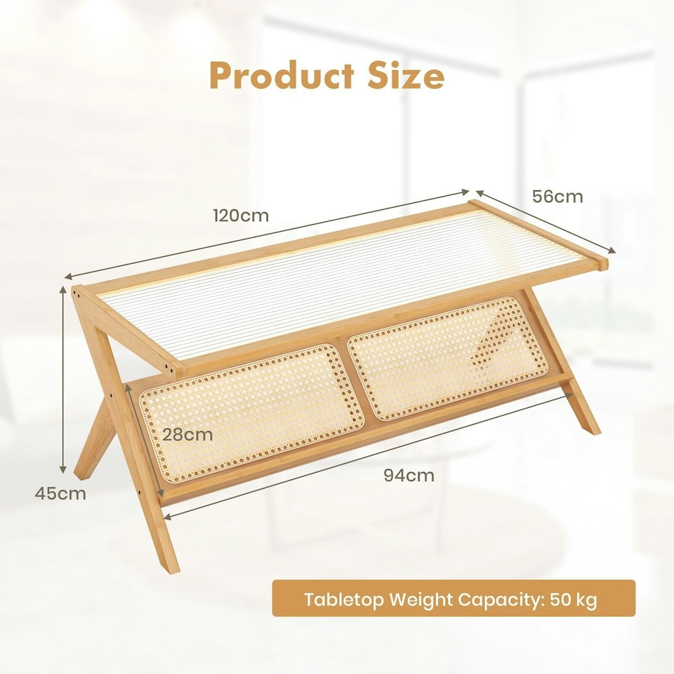 image 1 of COSTWAY 2-Tier Rectangular Coffee Table with Glass Tabletop Brown