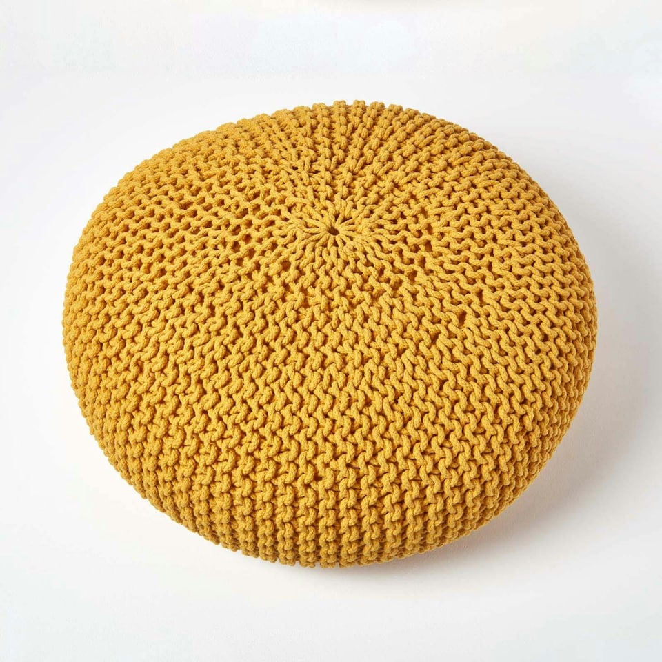 image 1 of Homescapes Mustard Large Round Cotton Knitted Pouffe Footstool | Yellow | 70 x 23 cm