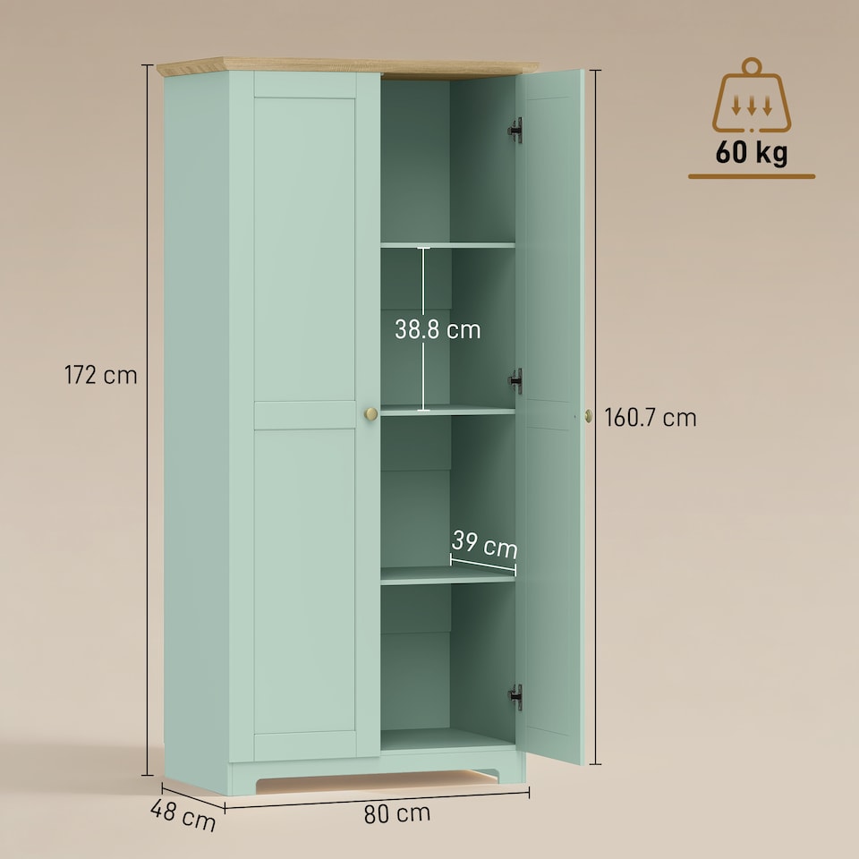 image 1 of HOMCOM 172cm Wooden Storage Cabinet Cupboard With 4 Shelves | Green | Light Green | 80 x 48 x 172 cm