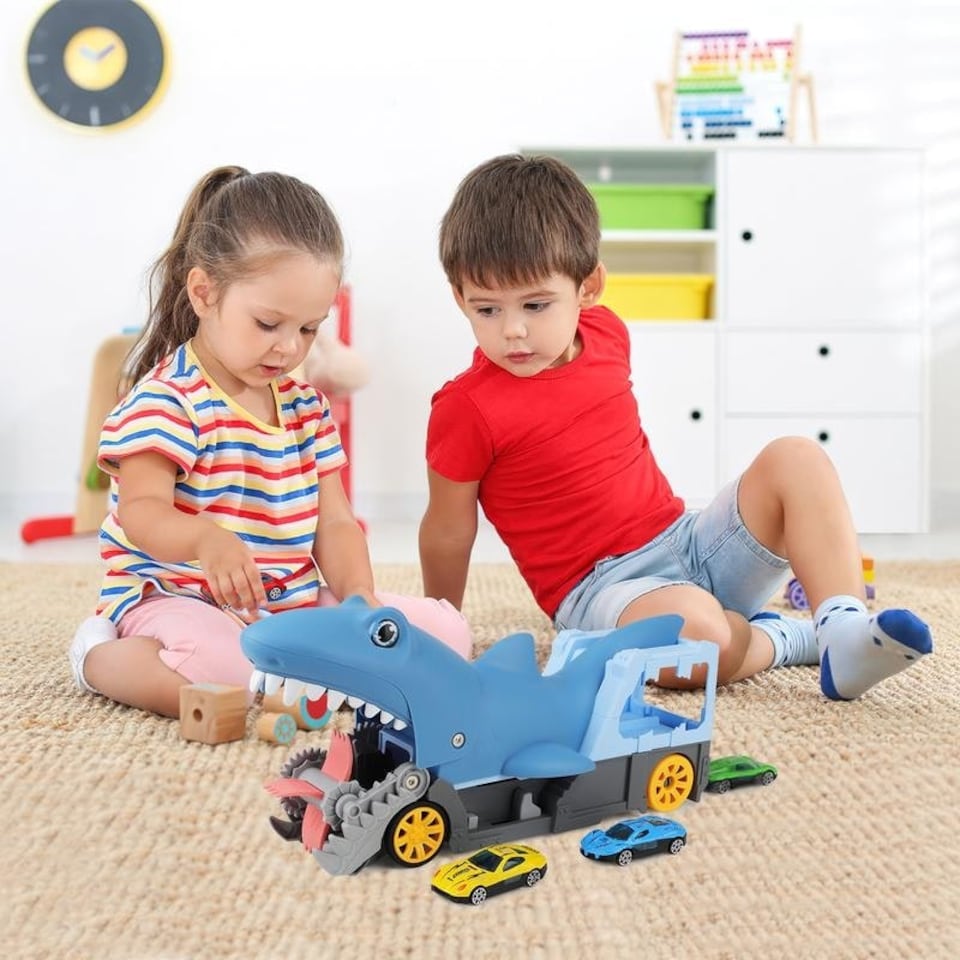 image 1 of Shark Devour Transporter Toy Truck - Push-and-Go Vehicle with Slide-Off Ramp, Roaring Sounds, Lights & 4 Mini Cars, Realistic Shark-Head Design for Kids Ages 3-7