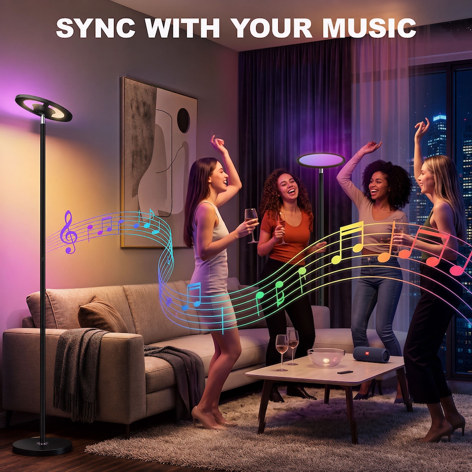 image 1 of HOMCOM Uplighter Floor Lamp with Tuya App and Music Sync for Bedroom, Black