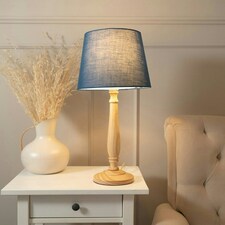 ValueLights Victoria Light Wood Traditional Stem Table Lamp with Navy Blue Fabric Tapered Shade
