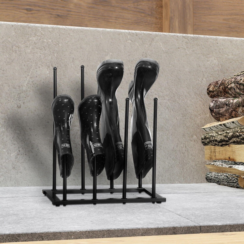 image 1 of House of Home 4 Pair Dryer Metal Welly Walking Boot Stand Shoe Rack Garden Shed Home Storage | Black