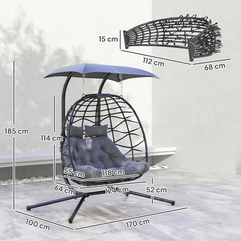 image 1 of Outsunny Rattan Double Hanging Egg Chair with Canopy, Cushion, Black