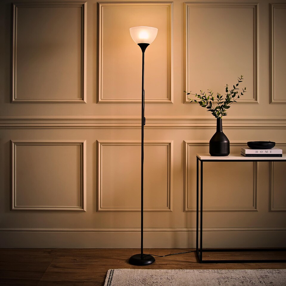 image 1 of ValueLights Dalby Black Single Uplighter Floor Lamp White Shade | Black