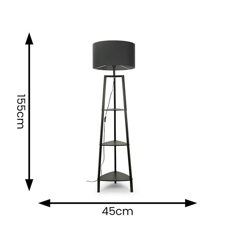 image 1 of ValueLights Hiru Black 3 Tier Shelf Floor Lamp With Charcoal Shade Grey