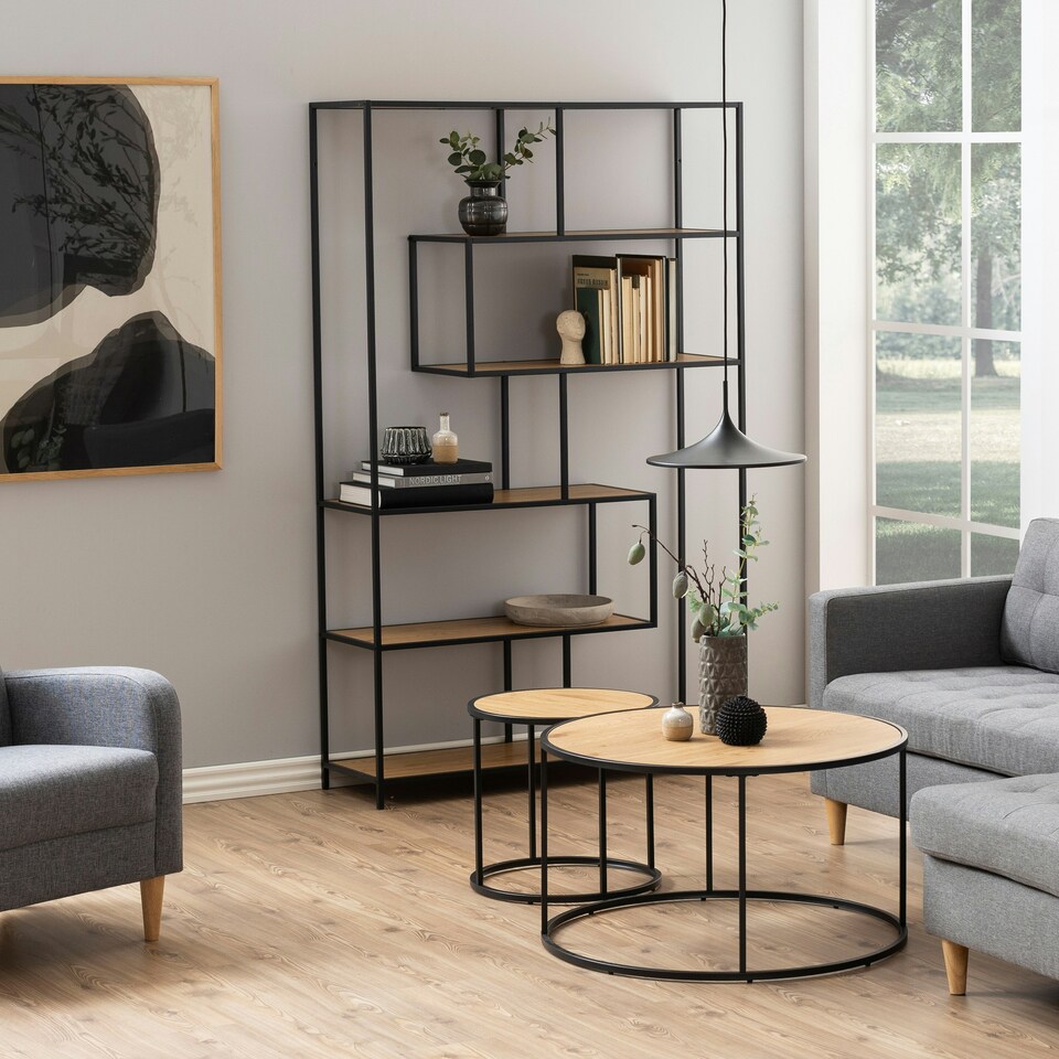 image 1 of Seaford Black Metal Large Asymmetrical Bookcase with 5 Oak Shelves