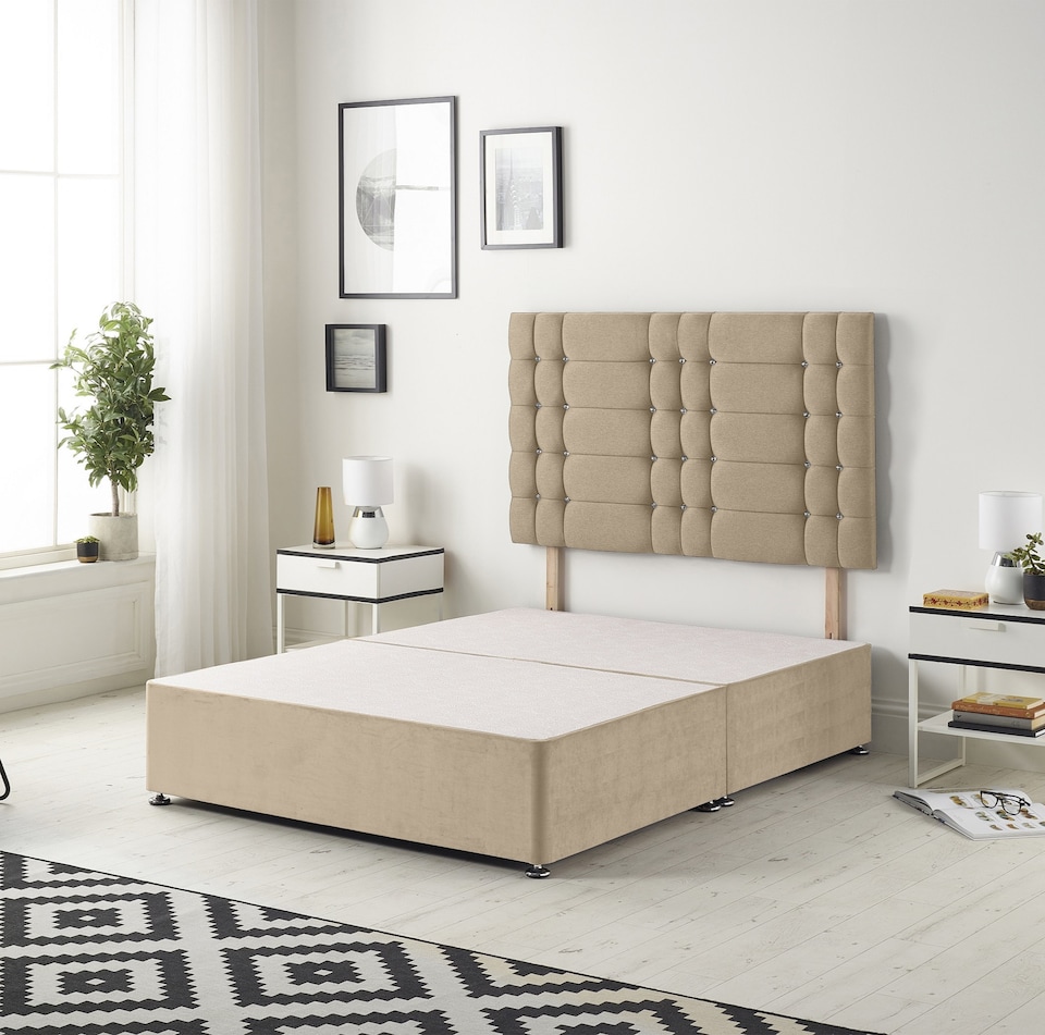 image 1 of Astoria Divan Bed Base with 30 Inch Diamonte Button Headboard Plush Velvet | Brown | Beige | Small Double