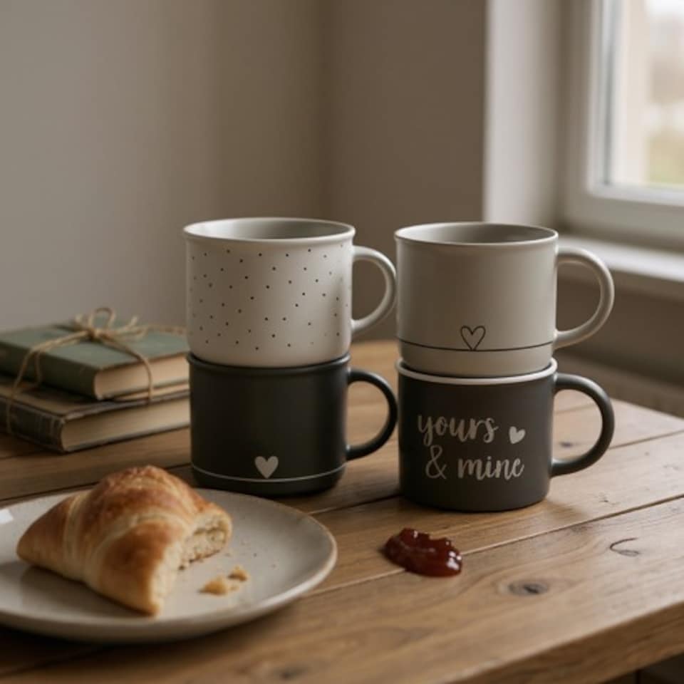 image 1 of Heart Design Ceramic Coffee Mug Set 400m | Grey | Light Grey with Heart Line | 400ml | 1
