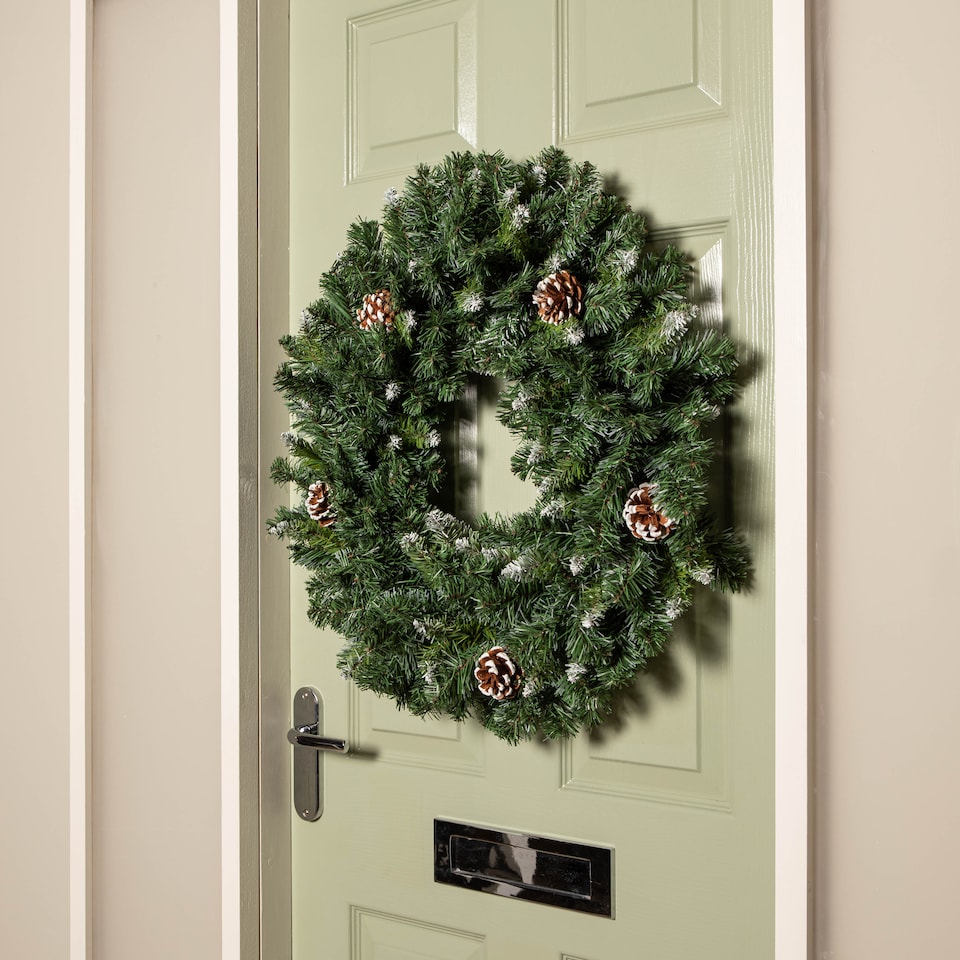image 1 of 60cm Snow King Fir Hanging Christmas Wreath with Pinecones and 200 Tips in Green
